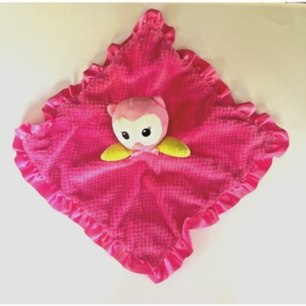 Okie Dokie Pink Owl Security Blanket Lovey Rattle Plush Satin Ruffle Baby Toy 14